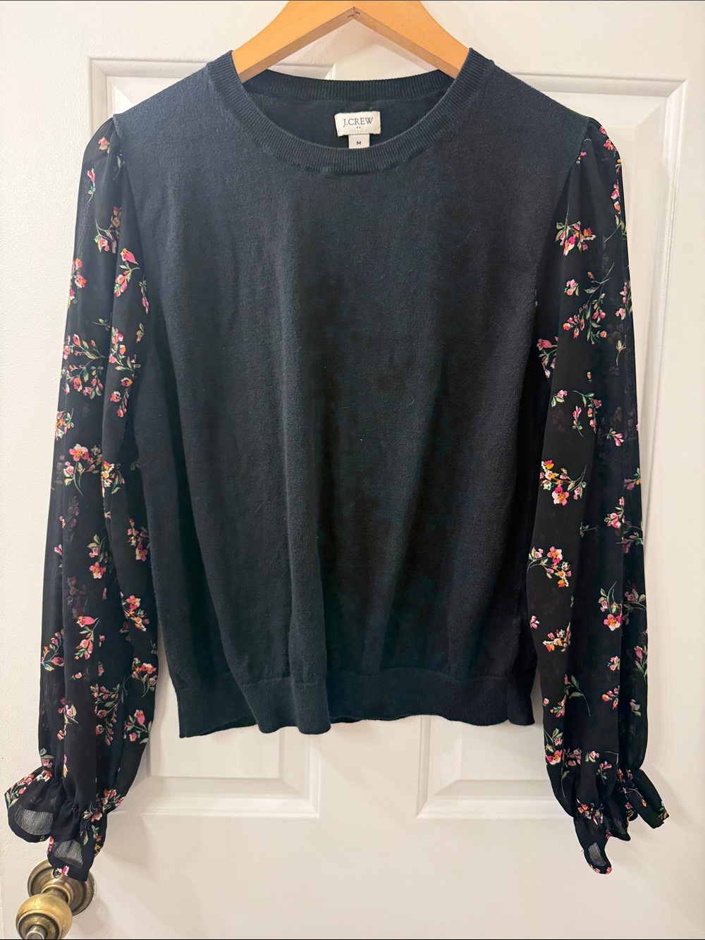 J. Crew Black Sweater with Floral Balloon Sleeves